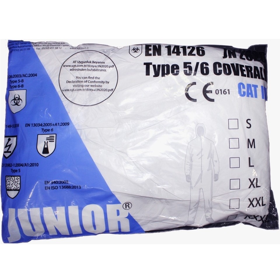 Junior lamineli tek kullanımlık koruyucu iş tulumu paketli ürün ambalajlı görünüm